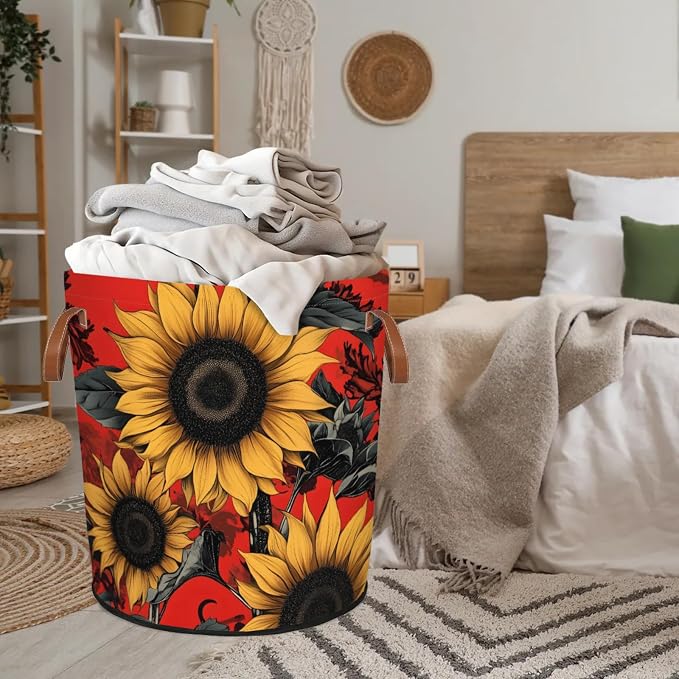Sunflowers Red Laundry Hamper Waterproof Collapsible Basket - Image 8
