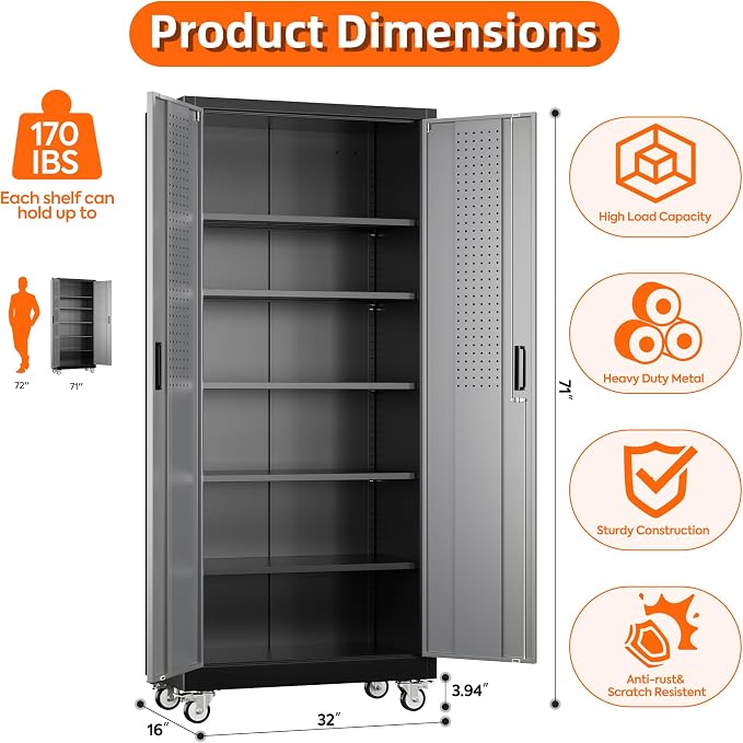 Garage Storage Cabinet with Wheels and Pegboard, Assembly Required - Image 3