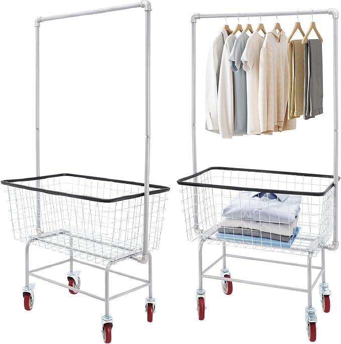 Wire Laundry Cart with Wheels & Hanging Rack, Heavy Duty Rolling Laundry Basket by Pinelicorn