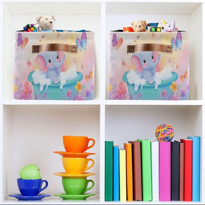 Elephant Butterfly Flowers Pink Rectangular Storage Bin Basket - Image 6