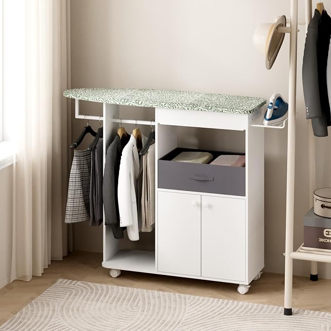 Rolling Ironing Board with Storage Cabinet, Wooden Ironing Board Cabinet with - Image 5