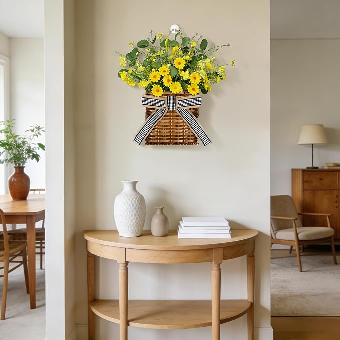 Spring Hanger Basket Wreath for Front Door 15" Yellow Daisy Basket Artificial - Image 6