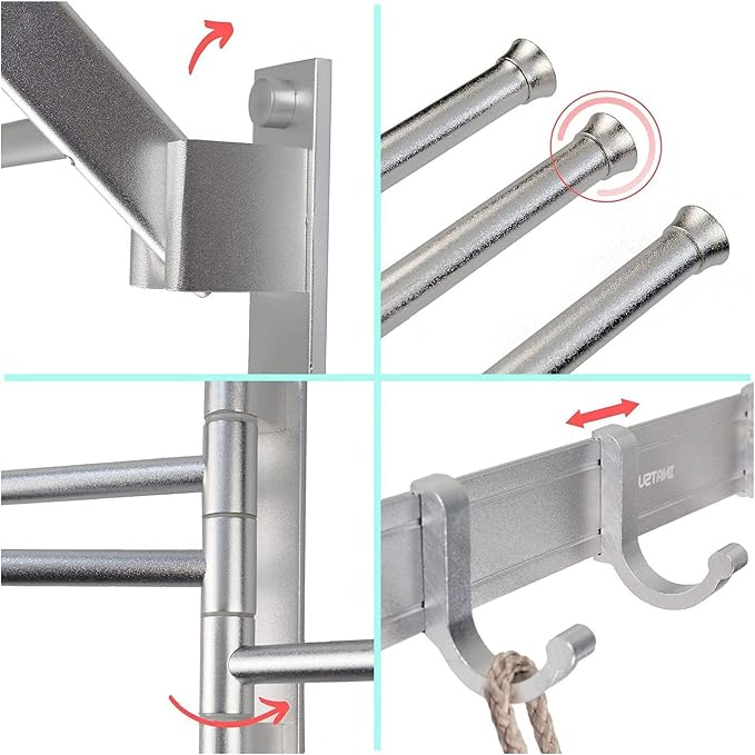 Wall Mounted Laundry Rack with Swivel Towel Rack Hooks and Swing Arms Space - Image 6