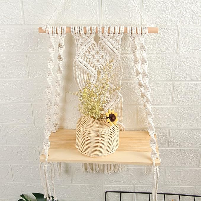 Mong Handmade Macrame Wall Hanging Shelf, Boho Indoor Rope Plant Pot Basket - Image 4