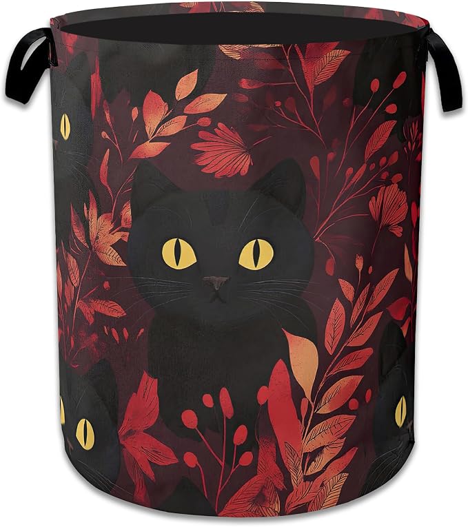 Funny Black Cat Laundry Basket, Foldable Oxford Cloth Leaf Laundry Hamper by Unknown