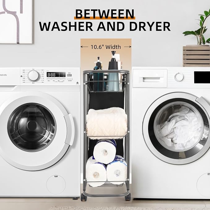 Rolling Laundry Cart with Wheels: 3-Tier Laundry Caddy Between Washer and Dryer - Image 5