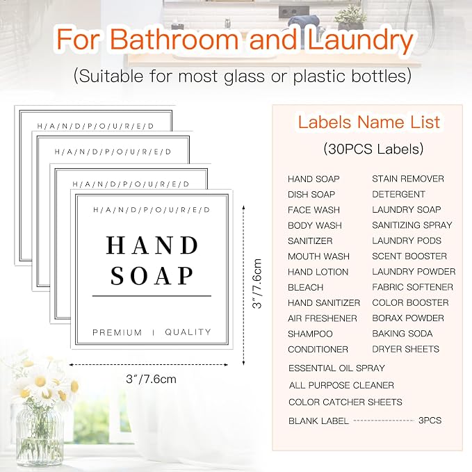 TESWEY 30PCS Waterproof Labels for Bottles, Minimalist Bathroom and Laundry - Image 2