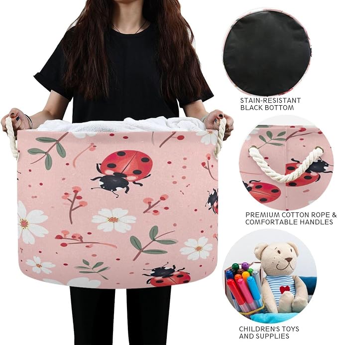 Lady Bugs on Pink Laundry Basket Extra Large Storage Basket 20" x 14" Blanket - Image 6
