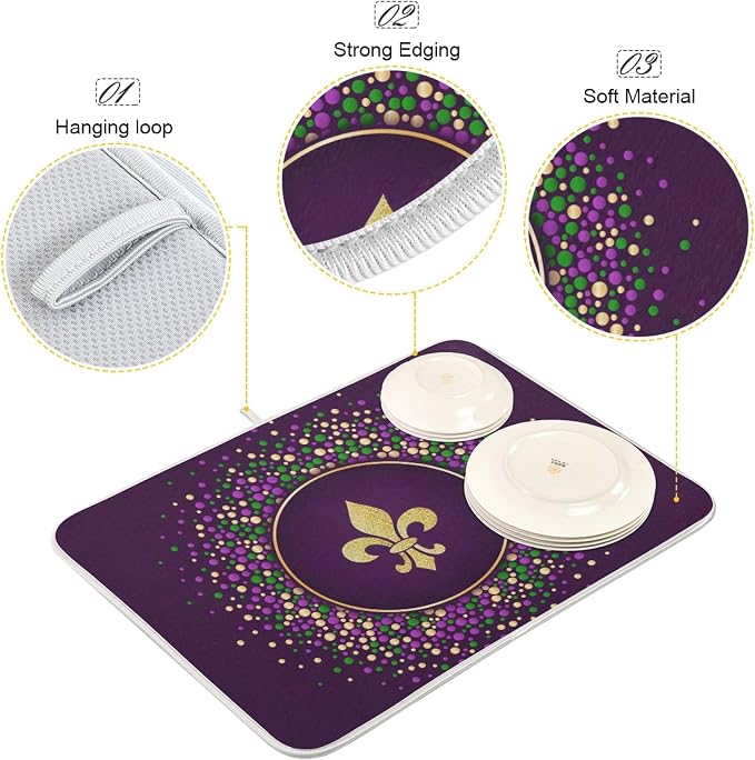 Mardi Gras Holiday Golden Fleur-De-Lis Purple Absorbent Dish Drying Mat - Image 5