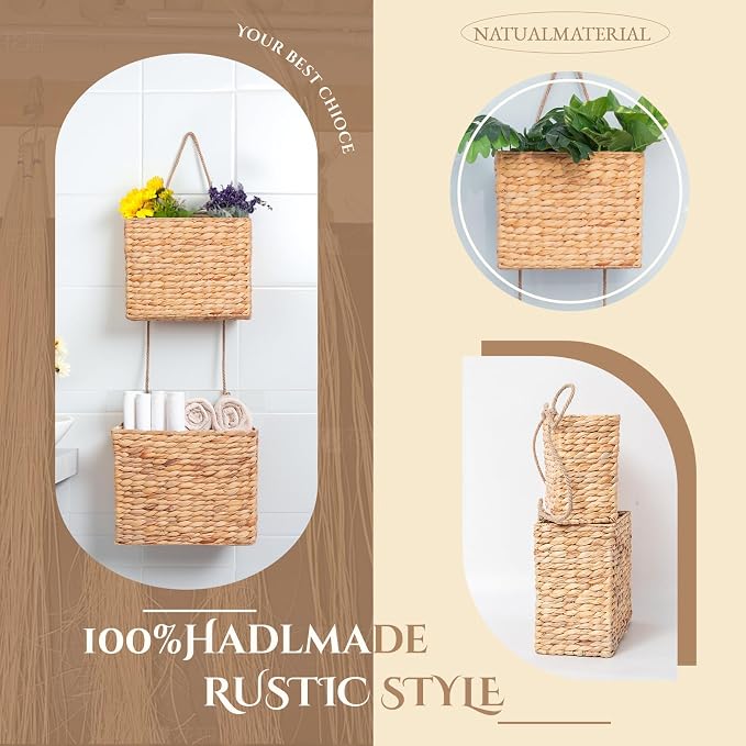 YAHUAN Woven Water Hyacinth Hanging Basket 2-Tiered Rectangular Storage Baskets - Image 4