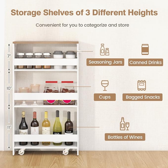 Slim Rolling Storage Cart, 4-Tier Kitchen Utility Carts on Wheels, Wood - Image 3