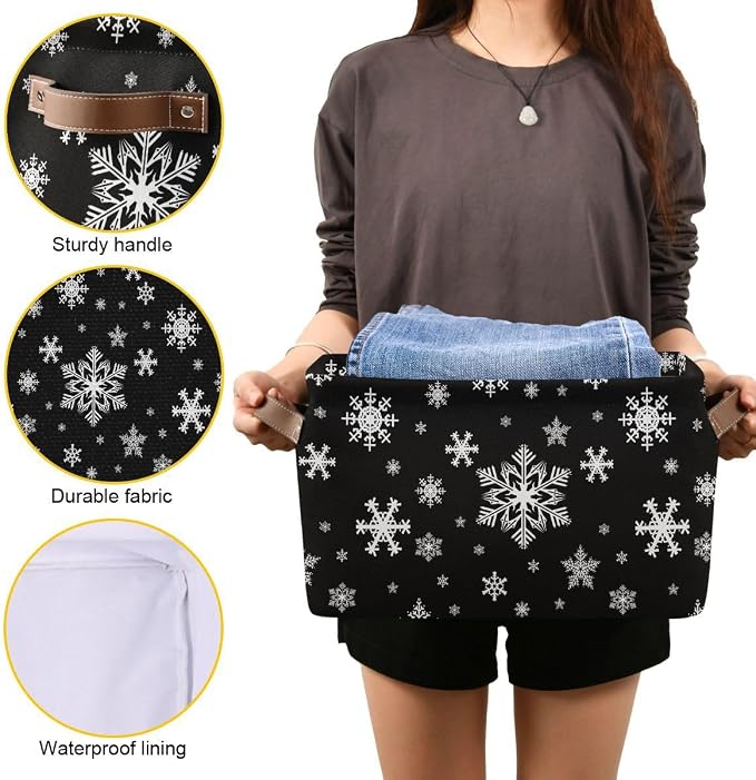 Winter Snowflake Black Storage Basket Fabric Kitchen Baskets Christmas Holiday - Image 6