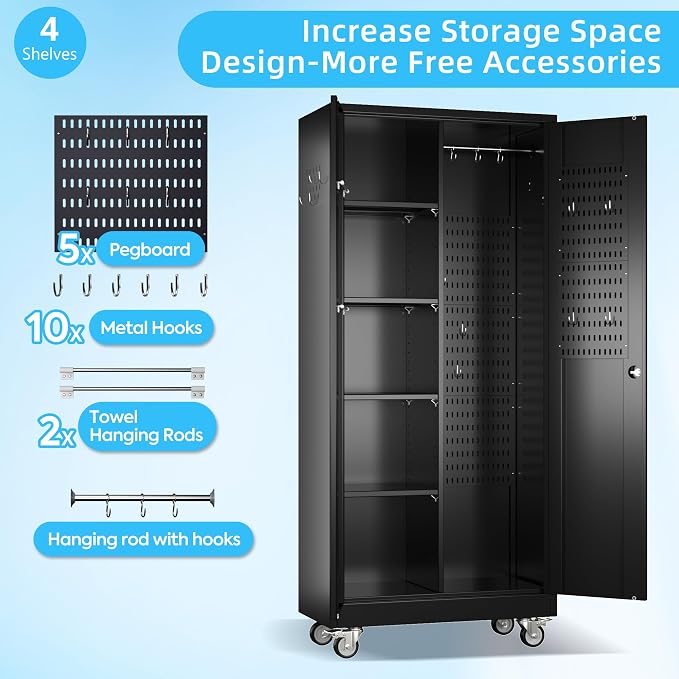 Garage Storage Cabinet with Wheels and 5 Pegboard, Metal Storage Cabinets with - Image 3