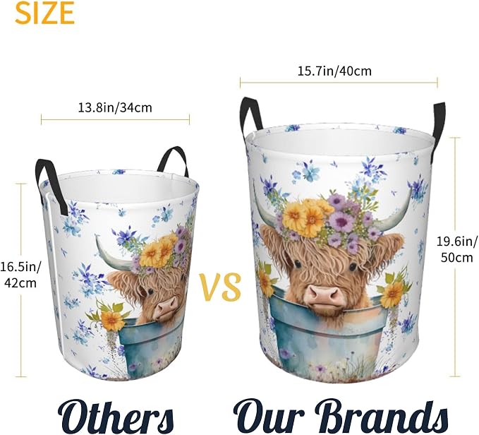 Highland Cow with Blue Floral Laundry Basket, Farm Animal Dirty Clothes Laundry - Image 4