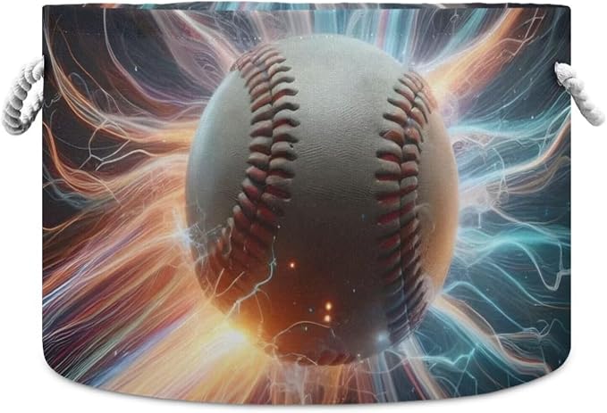 Baseball Print Round Storage Basket Sport Lightning Ball Large Laundry Hamper by Unknown