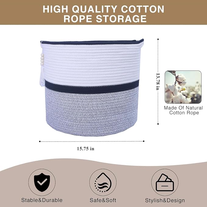 Large Woven Rope Laundry Hamper, Cotton Rope Storage Basket - Image 6