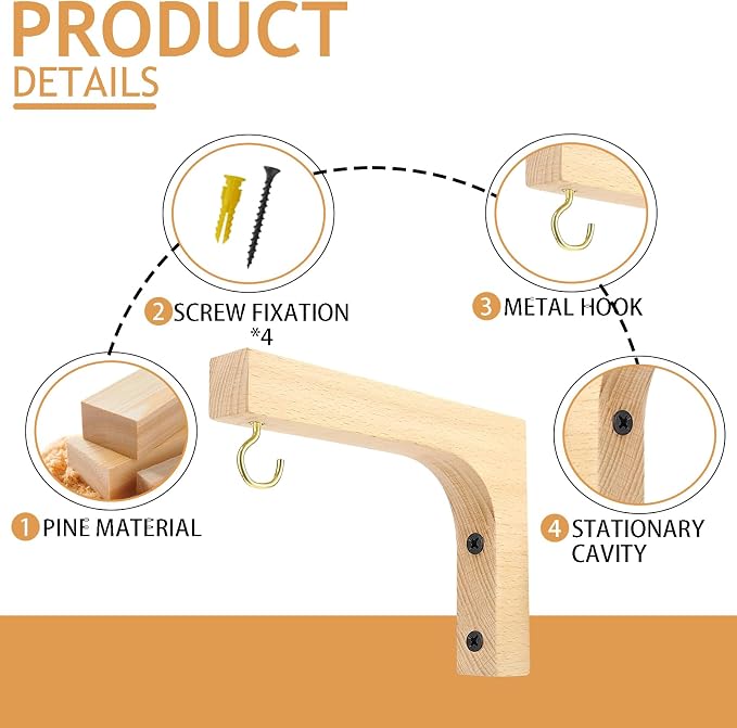 Upriver 2 Pack Wooden Plant Hanger Hooks, Wall Mounted Hanging Basket Hooks - Image 3