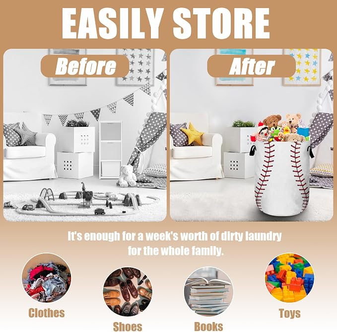 Baseball Laundry Basket, Foldable Waterproof Ball Laundry Hamper Tote Bag Dirty - Image 3
