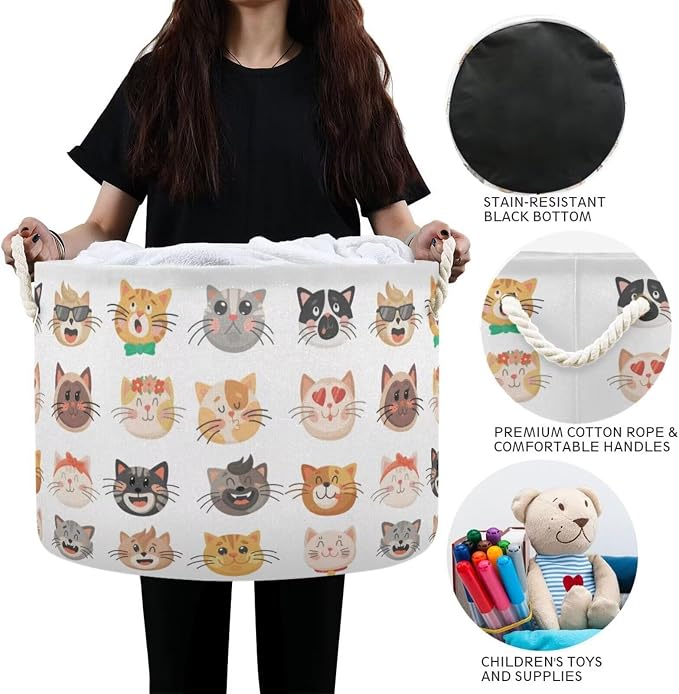 Cat Face Print Round Storage Basket Cute Kitten Large Laundry Hamper 20 x 20 x - Image 4