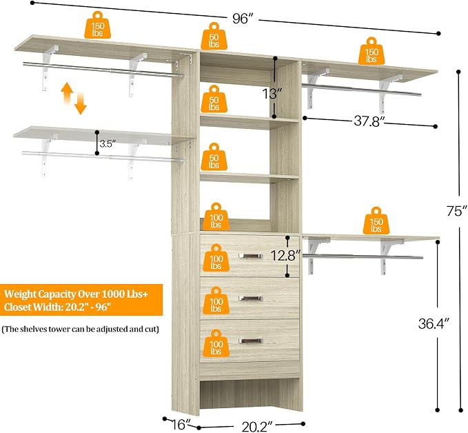 Closet System with Drawer - 8FT Wood Closet Organizer System with 3 Hanging - Image 3