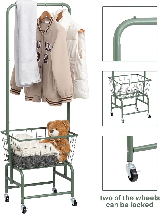 ALIMORDEN Laundry Cart with Clothes Rack, Rolling Laundry Butler with Wire - Image 3