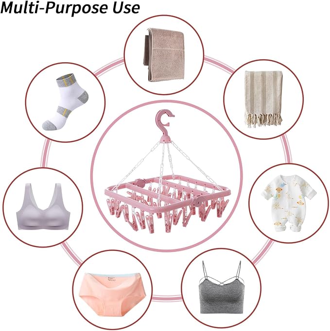 Clothes Drying Rack with 32 Clips, Foldable Hanging Rack, 360° Rotatable Hook - Image 3