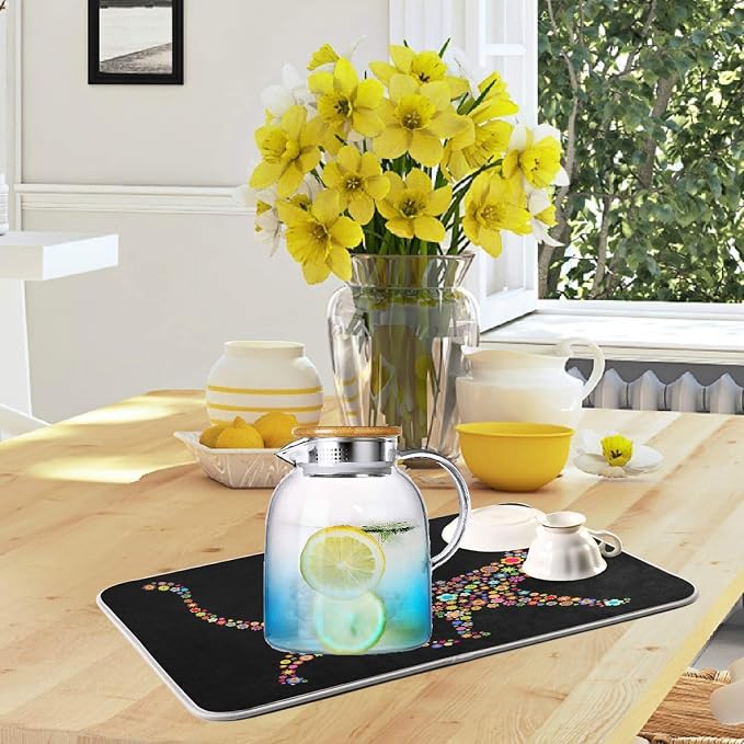 Trendy Flower Cat Absorbent Dish Drying Mat Microfiber Kitchen Countertop Table - Image 6