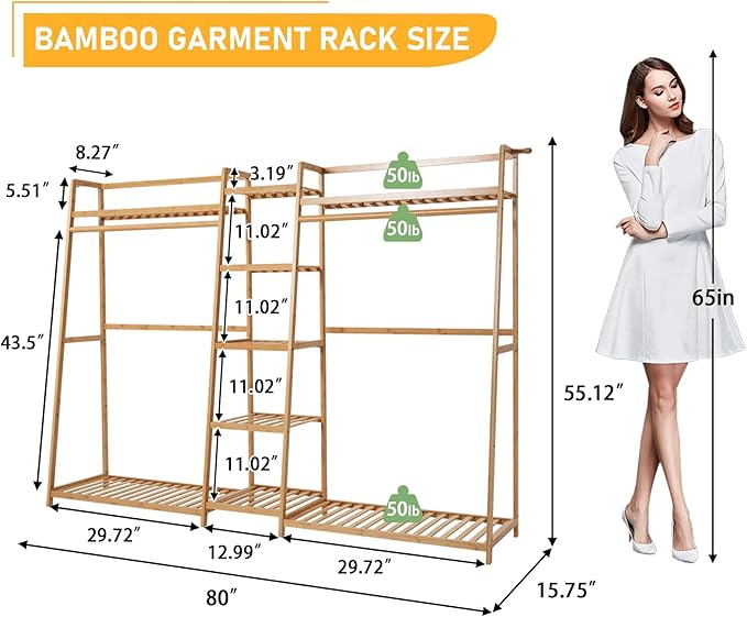 Bamboo Garment Rack 9 Tier Storage Shelf Coat Clothes Hanging Rack, Portable - Image 2