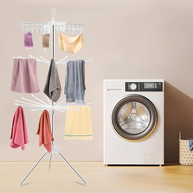 3-Tier Foldable Clothes Drying Rack, Rotating Clothing Rack w/Three-Legged Base - Image 4