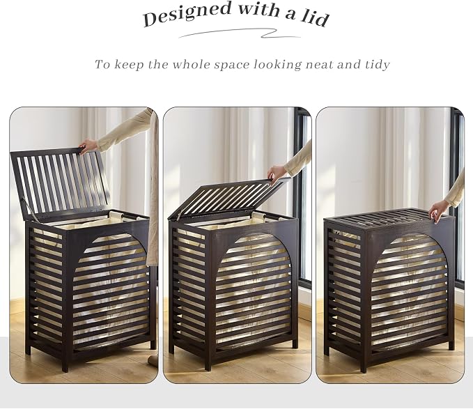 Laundry Hamper with Lid, Bamboo Clothes Laundry Basket with Handles, Removable - Image 7