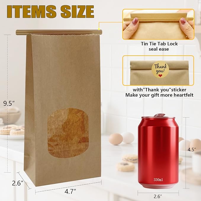 Cookie Bags for Packaging with Window Tin Tie Tab Lock & Thank You Sticker - Image 2