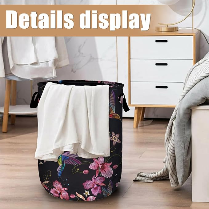 Pink Flower Hummingbird Laundry Basket, Foldable Waterproof Laundry Hamper Tote - Image 6