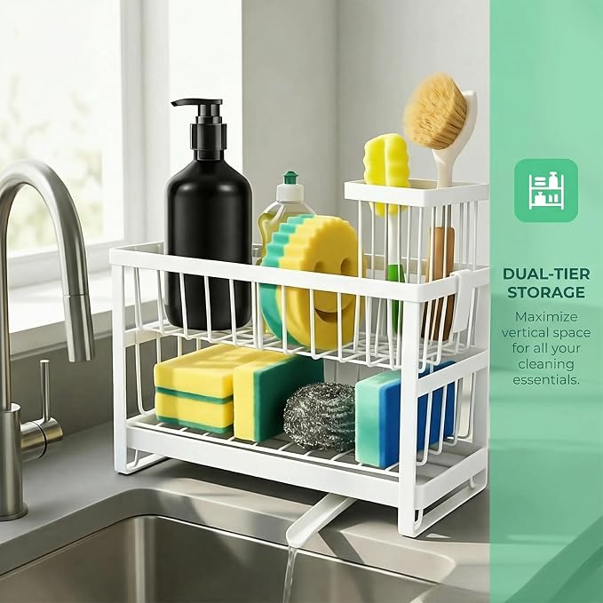 2-Tier Sponge Holder for Kitchen Sink, Self-Drain Caddy - Image 3