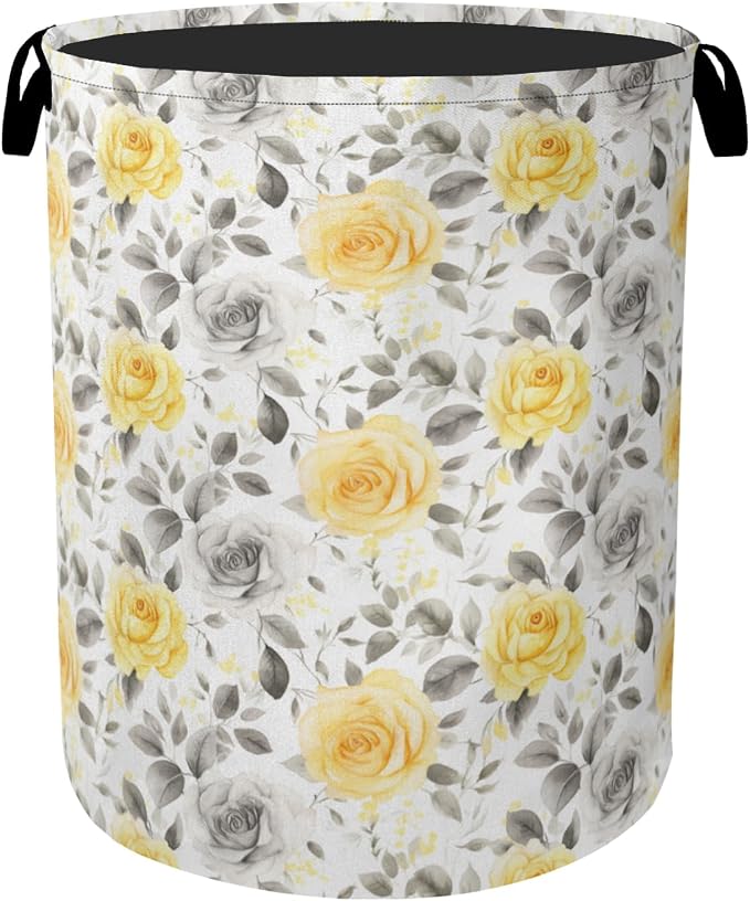 Yellow Gray Flowers Large Clothes Hamper Bag by Gearsly