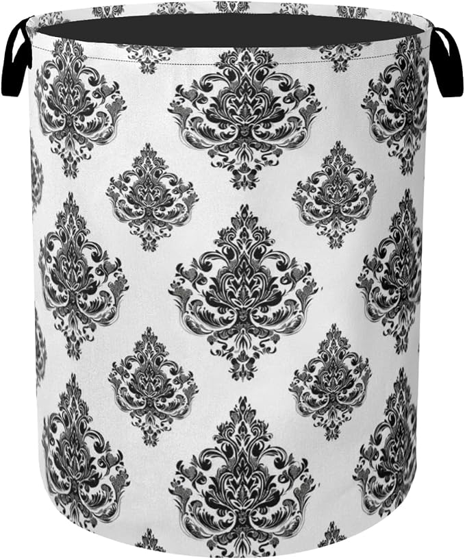 Black White Damask Flower Foldable Laundry Hamper by Gearsly