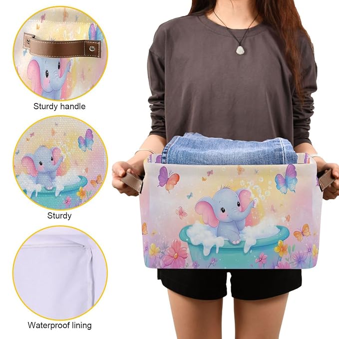 Elephant Butterfly Flowers Pink Rectangular Storage Bin Basket - Image 7