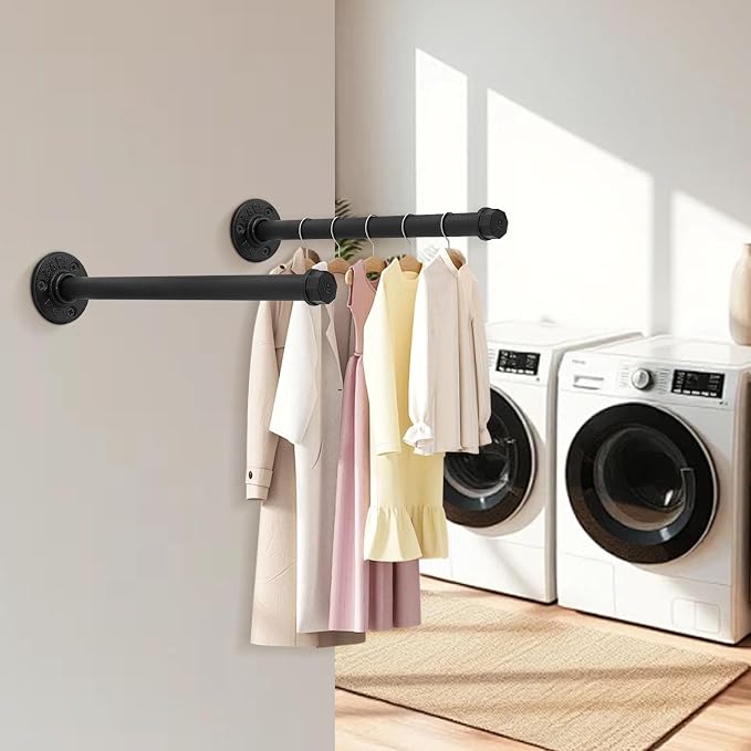 2 Pcs 12 Inch Industrial Pipe Clothes Rack DIY Wall Mounted, Heavy Duty Rustic - Image 2