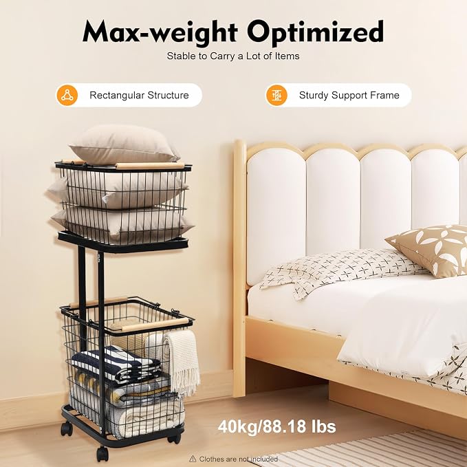 2 Tier Laundry Basket, Removable Metal Wire Laundry Cart - Image 5