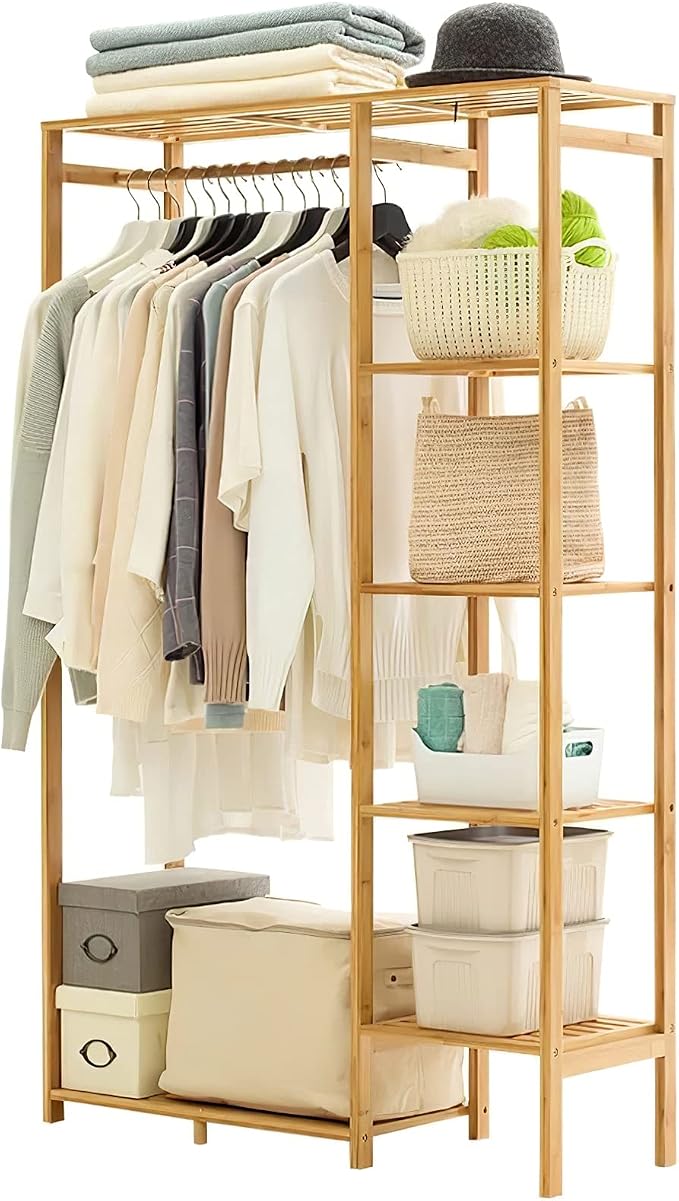 Bamboo Clothing Rack with 6 Tier Storage Shelf Multifunctional Garment by Jotsport