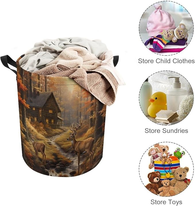 Autumn Forests Deers Round Laundry Bag Collapsible Storage Hamper Basket - Image 3