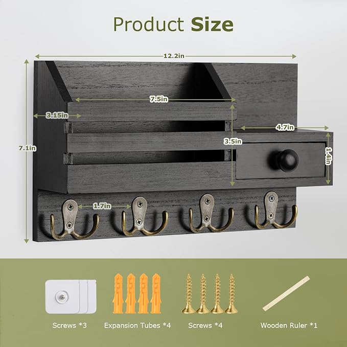 Key Holder Wall Mount, Wooden Adhesive Mail and Key Organizer - Image 5