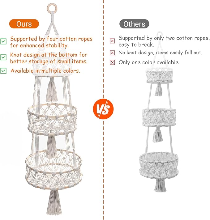 3 Tier Hanging Fruit Baskets for Kitchen, Macrame Plant Hanger Cotton Rope - Image 7