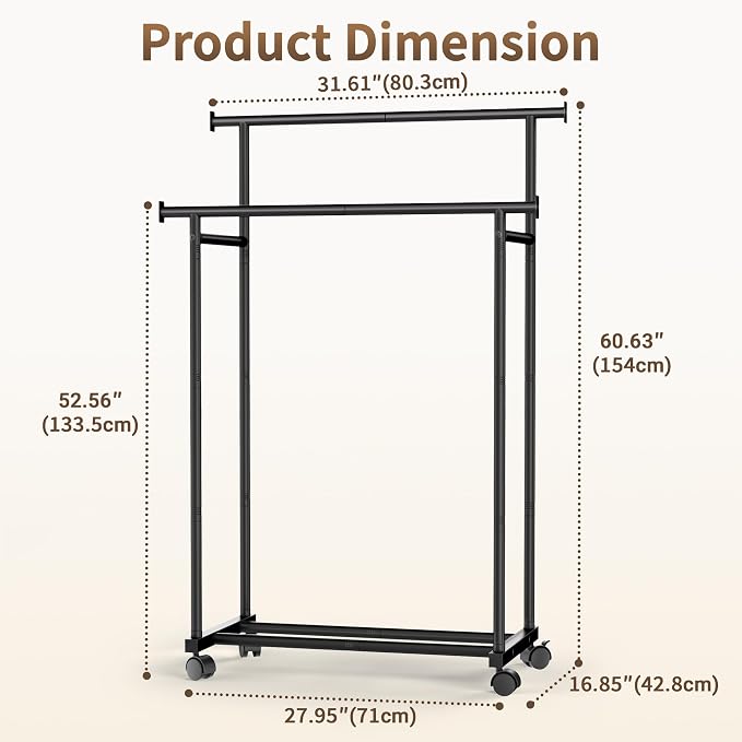 Double Rods Clothes Rack with Wheels, Rolling Clothing Rack - Image 3