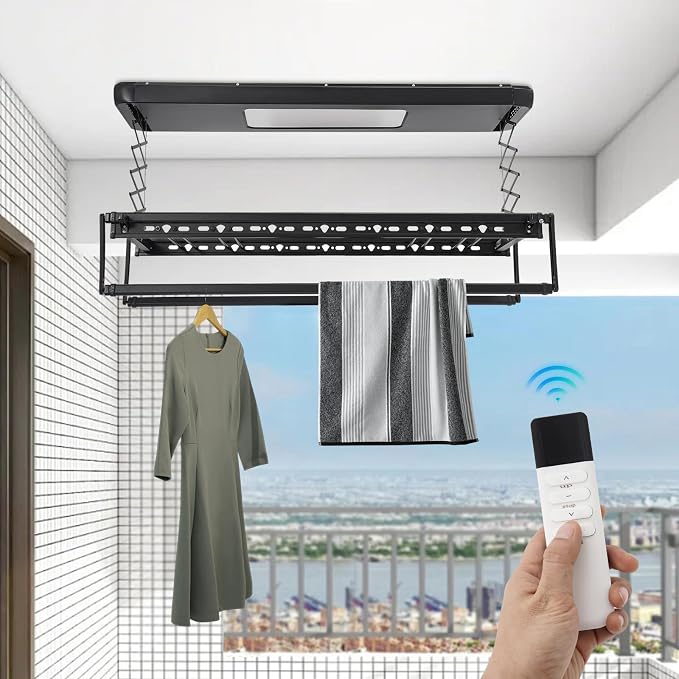 Electric Retractable Airing Rack Black, Ceiling Clothesline 77lbs Load - Image 5