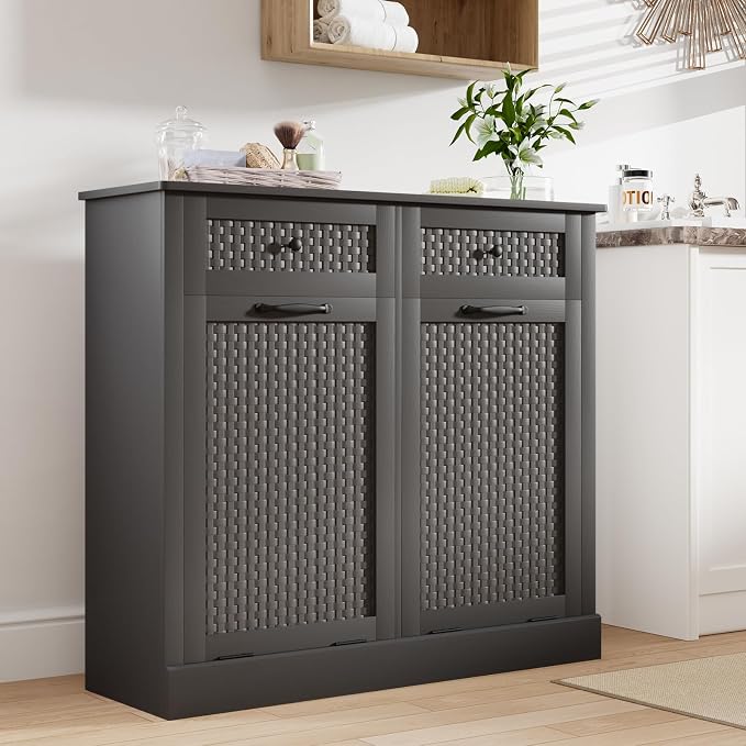 Double Tilt Out Laundry Hamper Cabinet, Rattan-Style Laundry Room Organization - Image 4