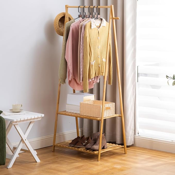 Bamboo Clothing Rack with Top Hanging Garment Rod, 2 Side Hooks & Bottom 2-Tier - Image 3