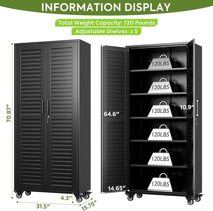 Garage Storage Cabinet with Wheels & Pegboard, Lockable Metal Storage Cabinet - Image 3