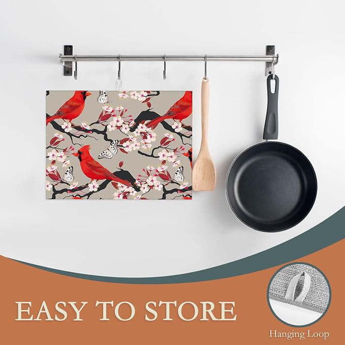 Red Cardinal Bird Dish Drying Mat, Cherry Blossom Drying Rack Pad Countertop - Image 3