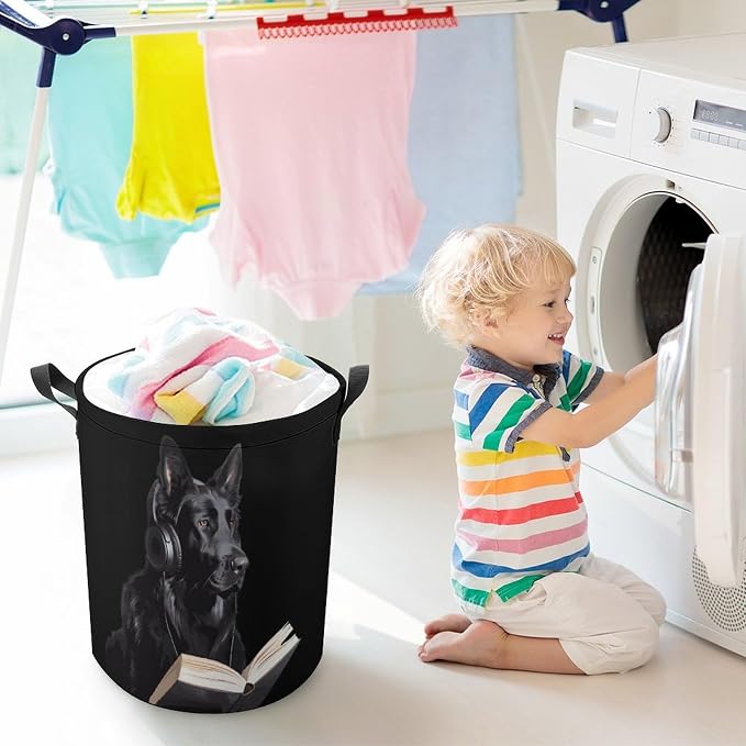 German Shepherd Wearing Headphones Reading Round Laundry Bag Collapsible - Image 6