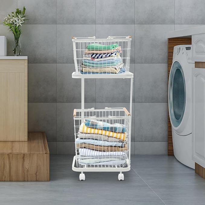 2-tier Laundry Basket, Wire Laundry Cart - Image 2